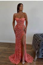 Elegante Lange Rosa Sexy Trägerlosen Ärmellosen Meerjungfrau Ballkleider Mit Strass