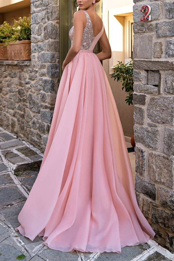 Elegante vestido de noche largo rosa con escote en V, corte A, sin mangas y brillo con abertura