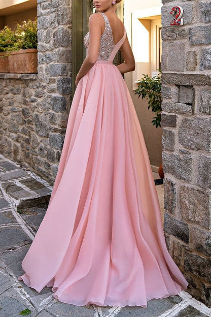 Elegante vestido de noche largo rosa con escote en V, corte A, sin mangas y brillo con abertura
