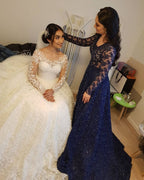 Elegante lange Prinzessin Tüll Spitze Brautkleider mit Ärmeln