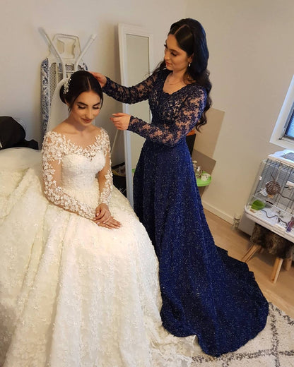 Elegant Long Princess Tulle Lace Wedding Dresses with Sleeves