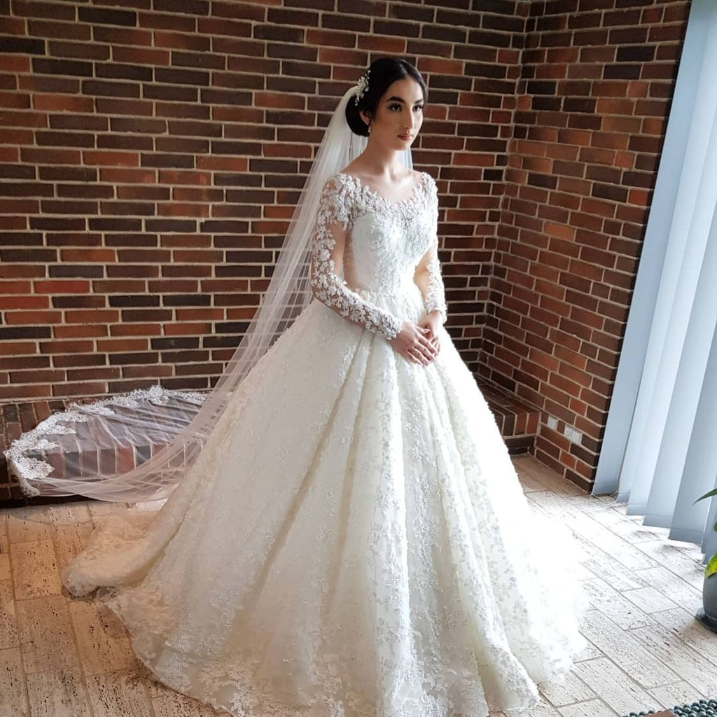 Elegante lange Prinzessin Tüll Spitze Brautkleider mit Ärmeln