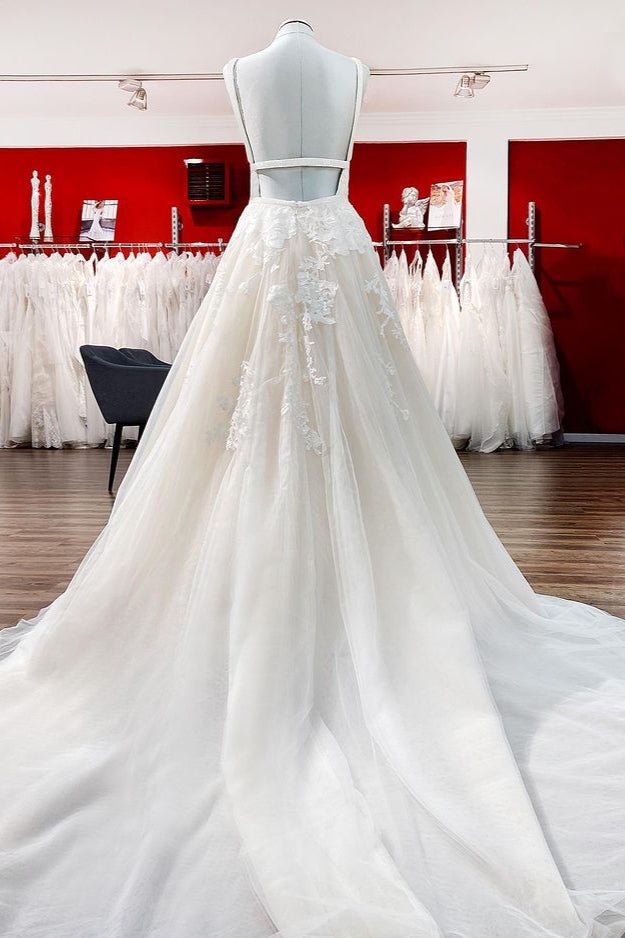 Elegante vestido de novia largo princesa con escote en V de tul sin espalda y encaje