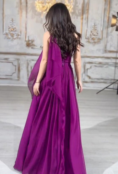 Elegantes langes lila A-Linien-Ballkleid ohne Träger mit Schnürung