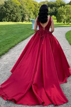 Elegante vestido de novia largo rojo de satén sin mangas con corte en A y encaje