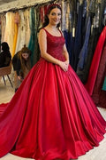 Elegante vestido de novia largo rojo de satén sin mangas con corte en A y encaje