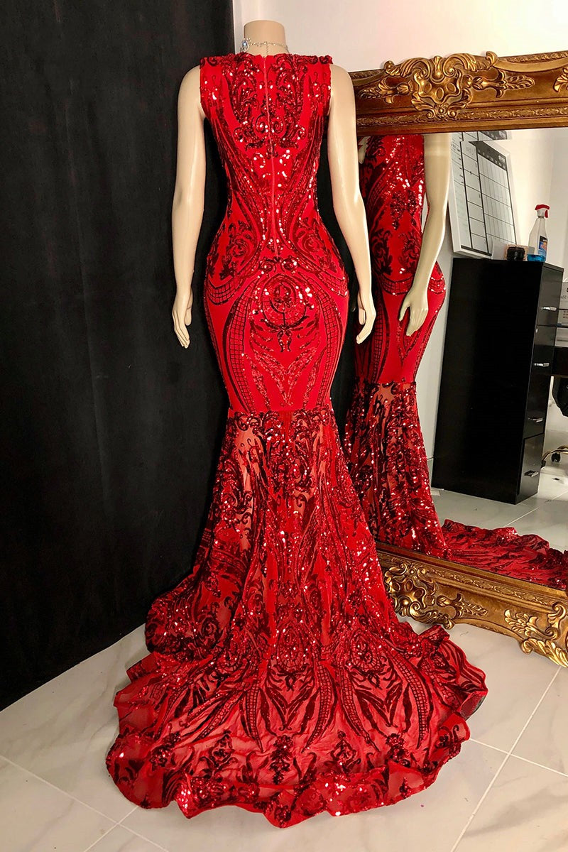 Elegante vestido de fiesta largo rojo de sirena sin mangas con encaje
