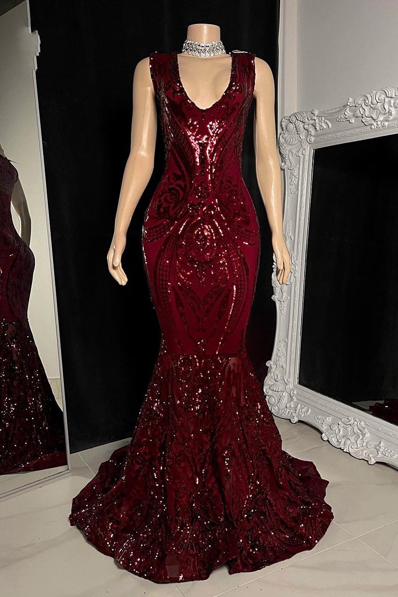 Elegante vestido de fiesta largo rojo de sirena sin mangas con encaje