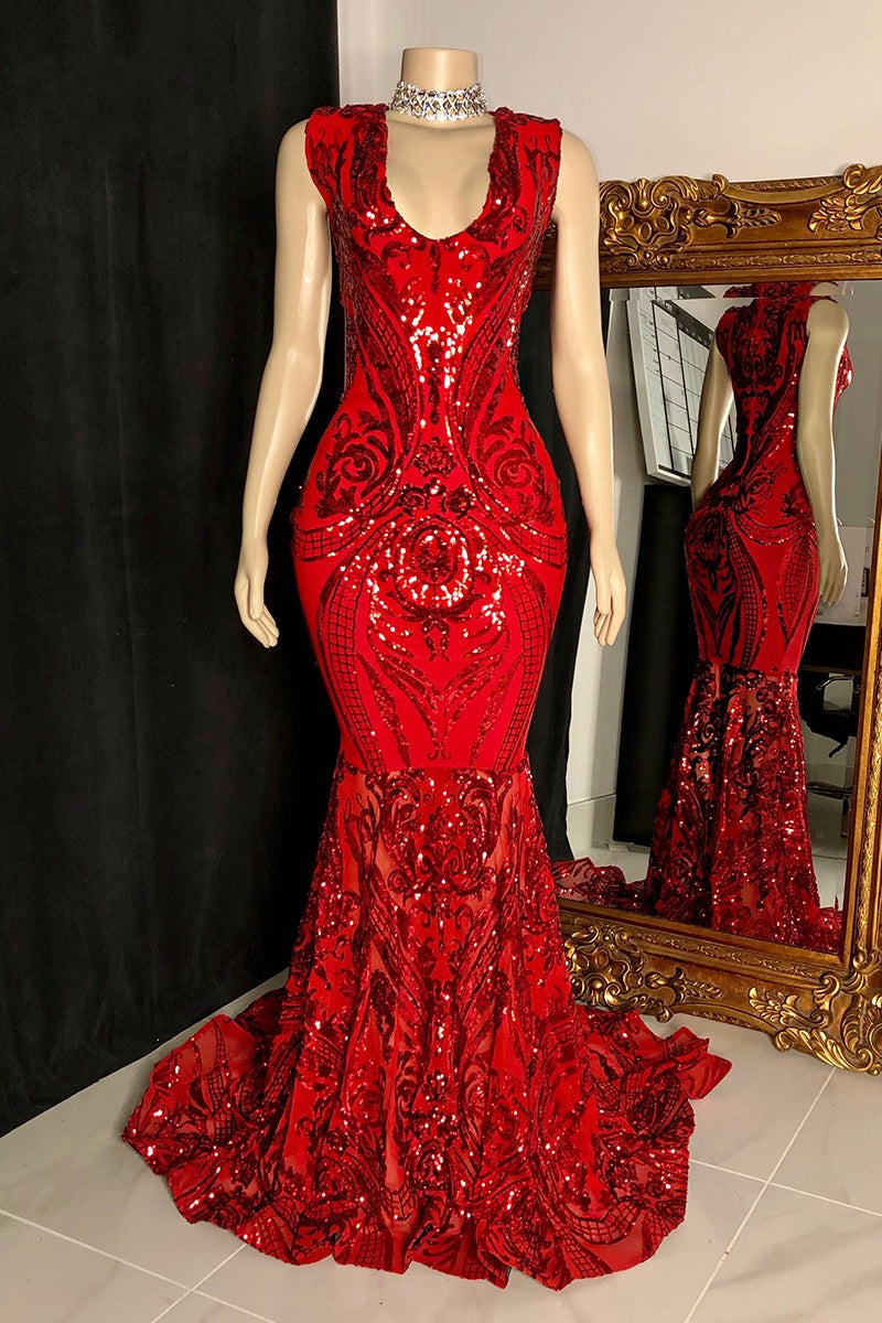 Elegante vestido de fiesta largo rojo de sirena sin mangas con encaje