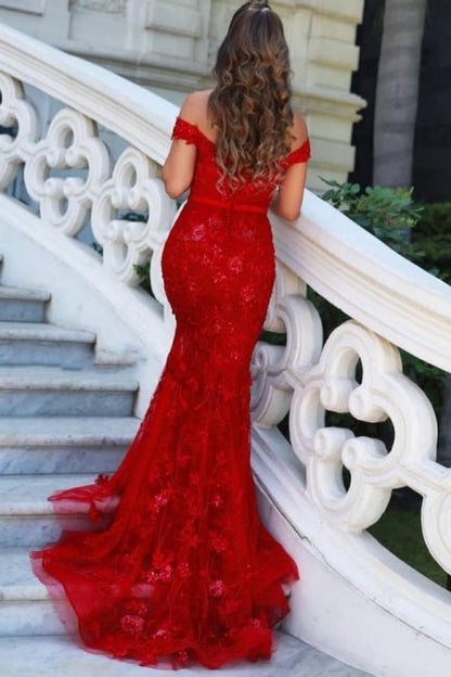 Elegantes vestidos de fiesta largos de sirena rojos con hombros descubiertos y brillo