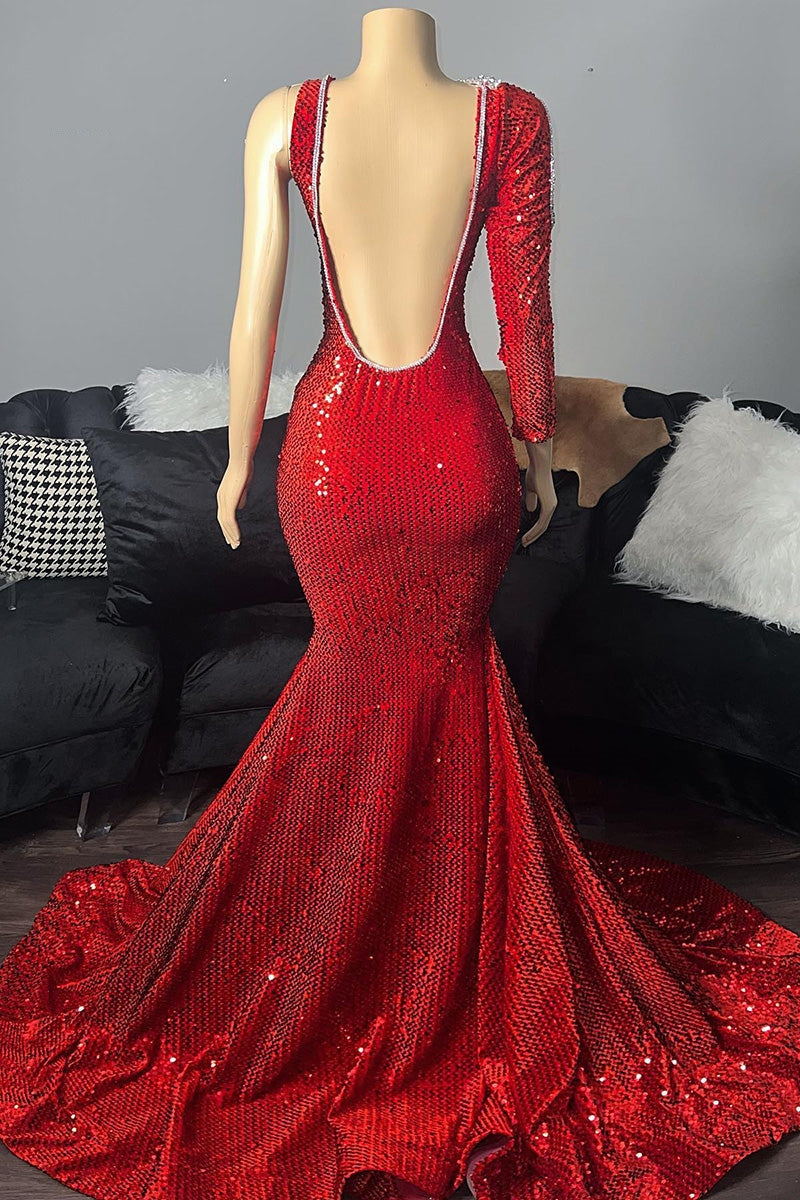 Elegante vestido de fiesta largo rojo con un hombro al descubierto, escote en V, lentejuelas y manga larga