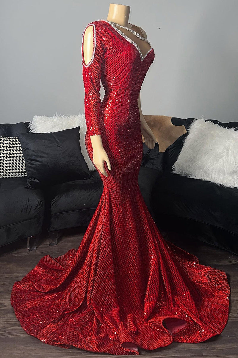 Elegante vestido de fiesta largo rojo con un hombro al descubierto, escote en V, lentejuelas y manga larga