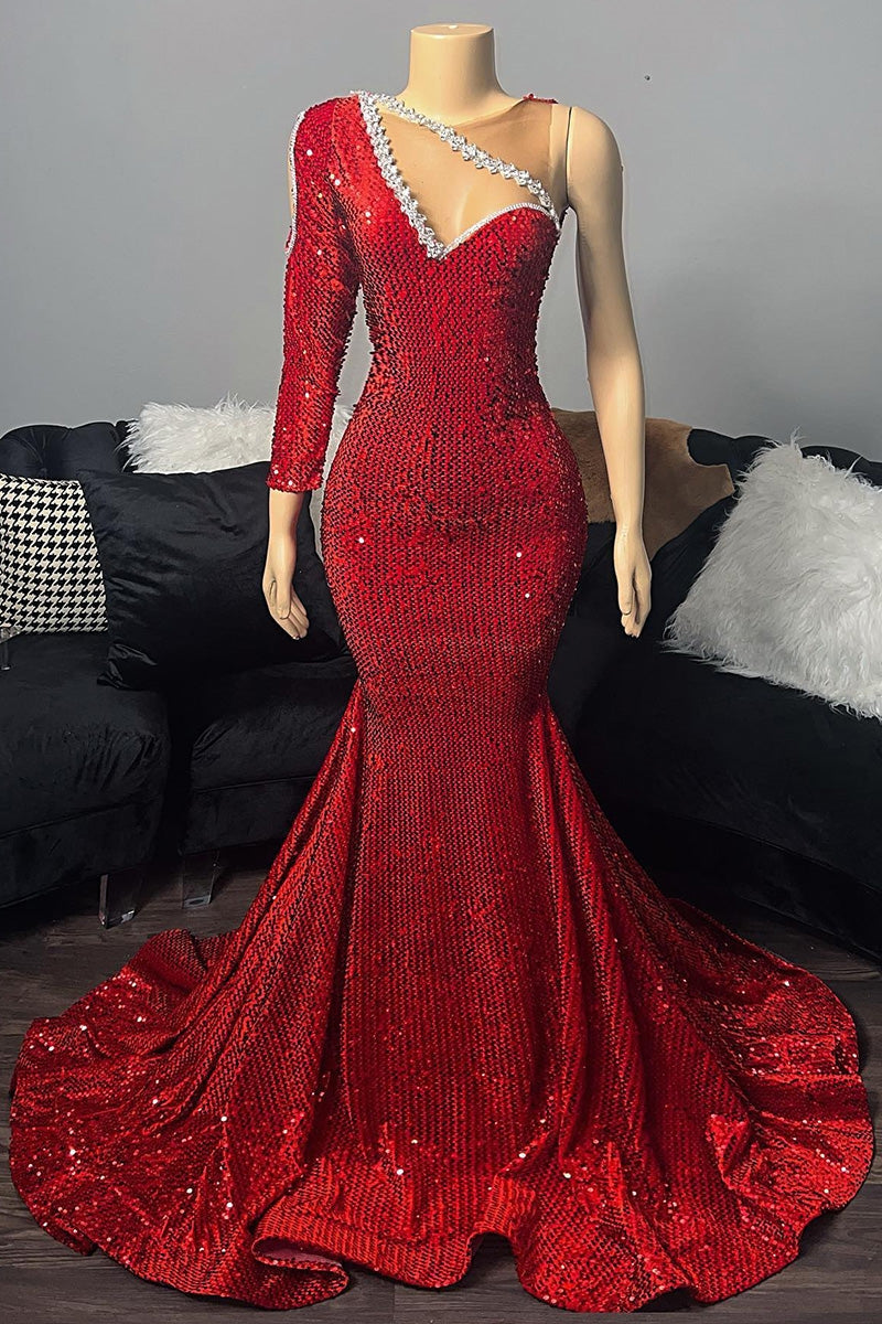 Elegante vestido de fiesta largo rojo con un hombro al descubierto, escote en V, lentejuelas y manga larga