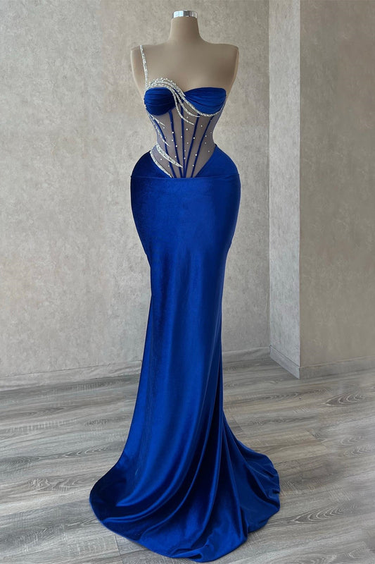 Elegantes langes königsblaues One-Shoulder-Meerjungfrau-Ballkleid mit Pailletten und Perlen