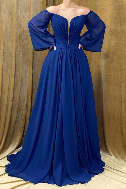 Elegant Long Royal Blue Strapless A-Line Prom Dress With Long Sleeves