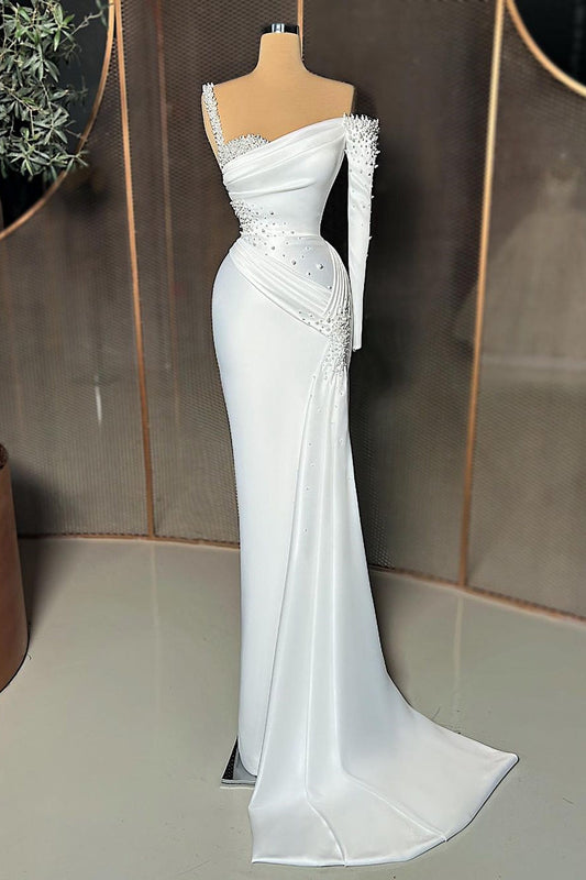 Elegantes langes One-Shoulder-Meerjungfrauen-Ballkleid aus Satin mit Perlenbesatz