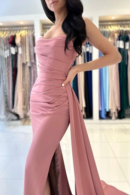 Robe de soirée longue élégante et simple sans manches rose poudré avec fente