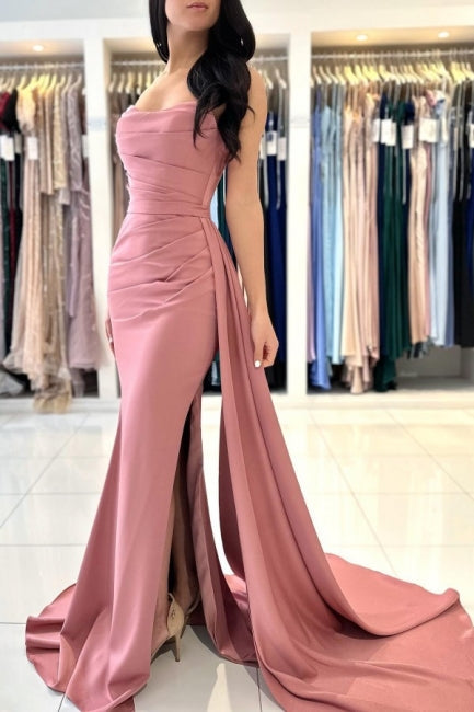 Robe de soirée longue élégante et simple sans manches rose poudré avec fente