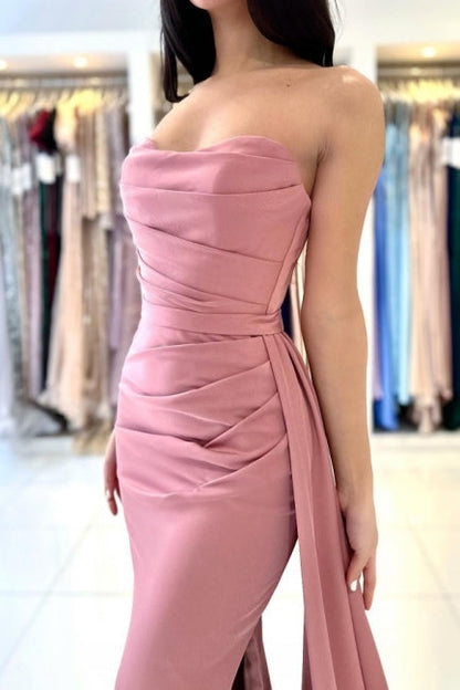 Robe de soirée longue élégante et simple sans manches rose poudré avec fente