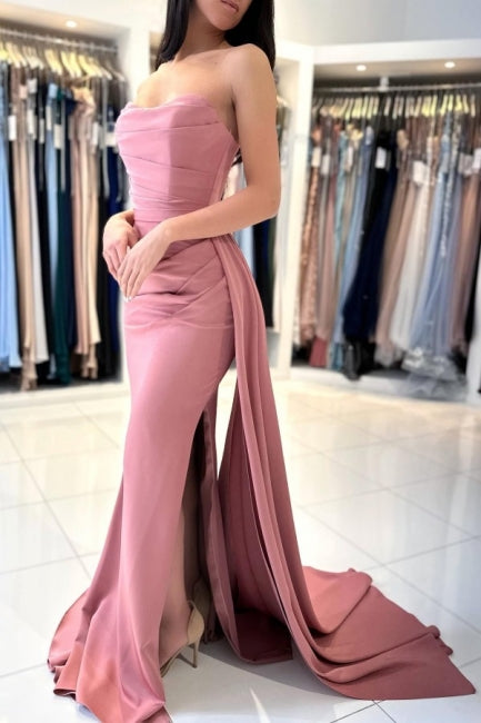 Robe de soirée longue élégante et simple sans manches rose poudré avec fente