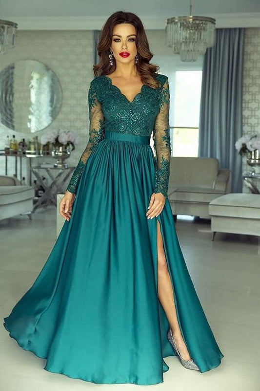 Elegantes langärmliges A-Linien-Ballkleid mit V-Ausschnitt und Spitze und Schlitz