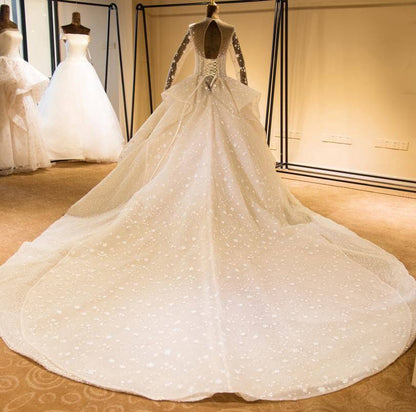 Elegante vestido de novia de tul con mangas largas, encaje y cuentas, brillante