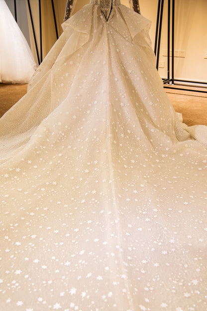 Elegante vestido de novia de tul con mangas largas, encaje y cuentas, brillante