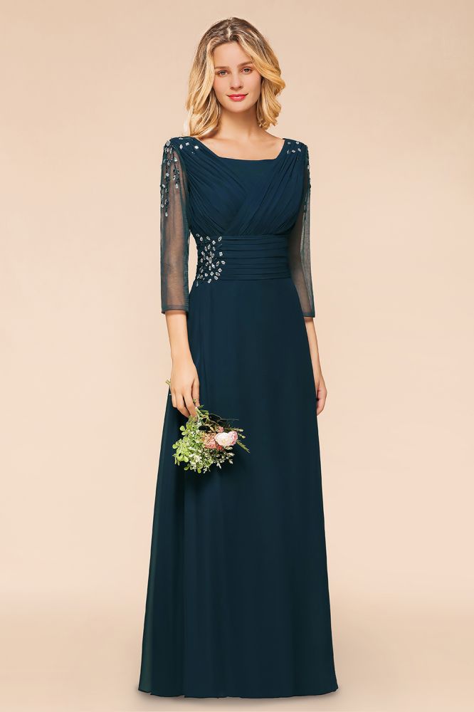 Elegante vestido de dama de honor de manga larga con cristales, corte A, vestido formal maxi