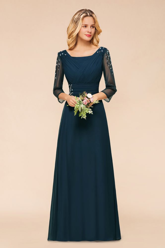 Elegante vestido de dama de honor de manga larga con cristales, corte A, vestido formal maxi
