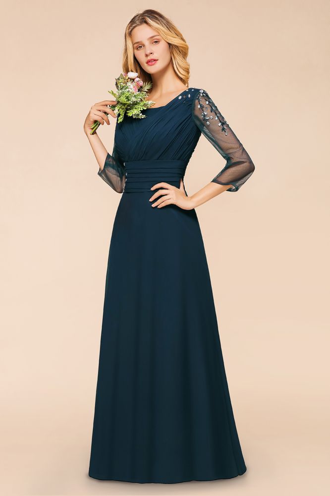 Elegantes Brautjungfernkleid mit langen Ärmeln und Kristallen in A-Linie, Maxi-Formalkleid