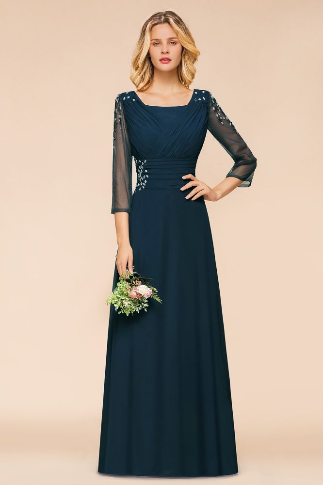 Elegante vestido de dama de honor de manga larga con cristales, corte A, vestido formal maxi