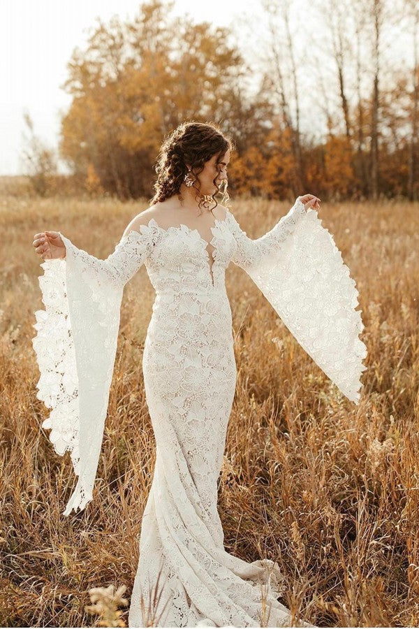 Elegant Long Sleeves Mermaid Lace Backless Wedding Dresses