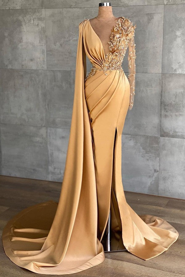 Elegantes langärmliges Meerjungfrau-Ballkleid aus Satin mit V-Ausschnitt und Schlitz
