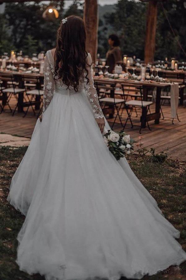 Elegant Long Sleeves Tulle Wedding Dresses Bridal Gowns With Lace Applique  WD385
