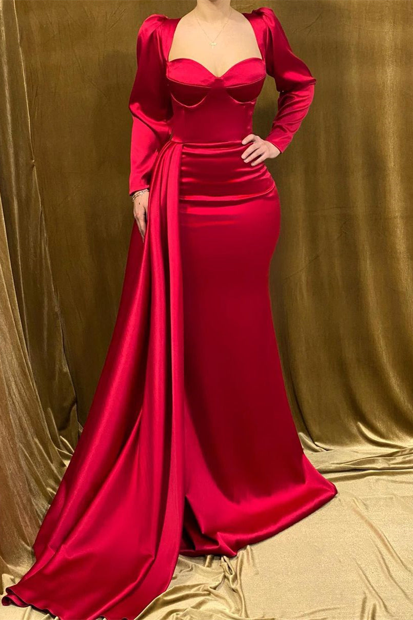 Elegante vestido de fiesta largo de sirena de satén rojo sin tirantes con mangas largas
