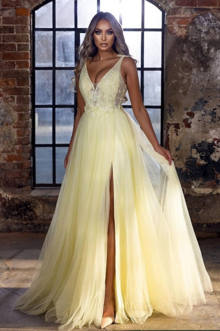 Elegante vestido de fiesta amarillo largo con escote en V y corte A sin mangas