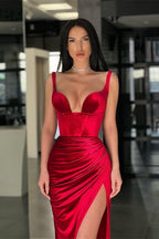 Elegant Long Velvet Red Mermaid Prom Dress With Slit