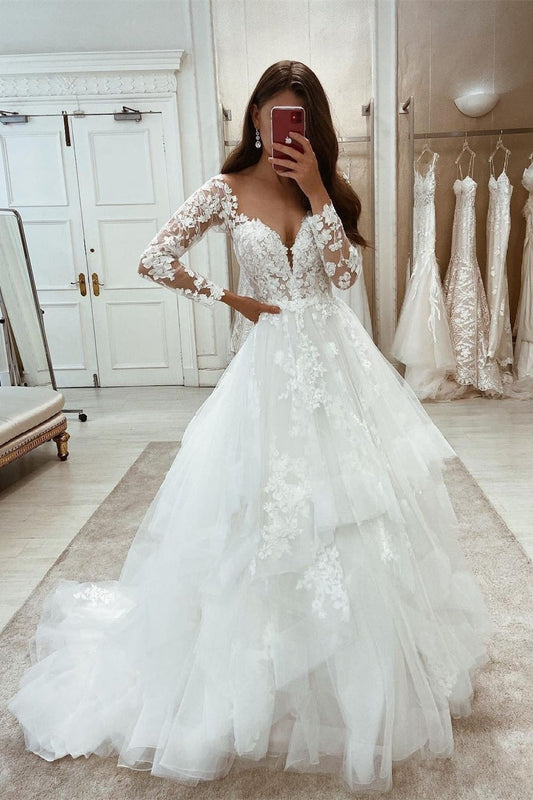 Elegantes langes weißes A-Linien-Brautkleid mit Applikationen und langen Ärmeln und Spitze