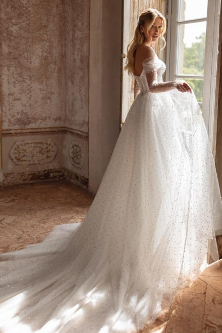 Elegant Long White A-line Off-the-shoulder Tulle Rhinestones Pearls Wedding Dress