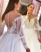 Elegant Long White A-line V-neck Tulle Long Sleeves Wedding Dress With Lace