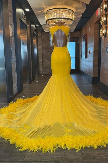 Elegante vestido de fiesta largo amarillo con borlas, cuentas, sin mangas, corte sirena y apliques