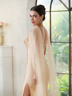 Elegantes Meerjungfrau-Abendkleid aus Polyester mit U-Ausschnitt, ärmellos, Champagner-Gold, mit Perlenstickerei, Reißverschluss, Schlitz