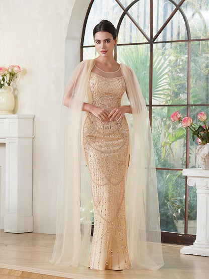 Elegantes Meerjungfrau-Abendkleid aus Polyester mit U-Ausschnitt, ärmellos, Champagner-Gold, mit Perlenstickerei, Reißverschluss, Schlitz