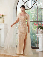 Elegantes Meerjungfrau-Abendkleid aus Polyester mit U-Ausschnitt, ärmellos, Champagner-Gold, mit Perlenstickerei, Reißverschluss, Schlitz