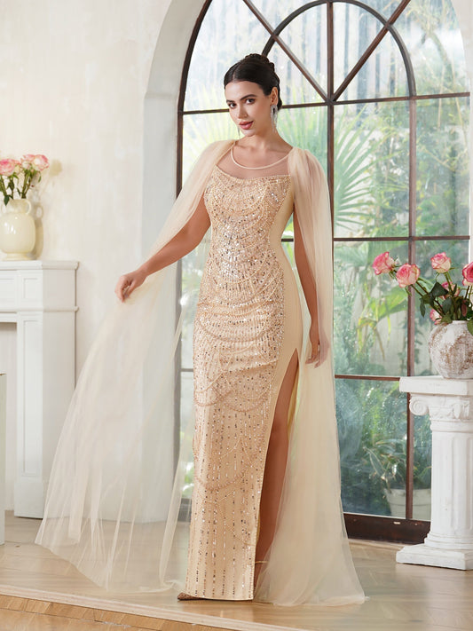 Elegantes Meerjungfrau-Abendkleid aus Polyester mit U-Ausschnitt, ärmellos, Champagner-Gold, mit Perlenstickerei, Reißverschluss, Schlitz