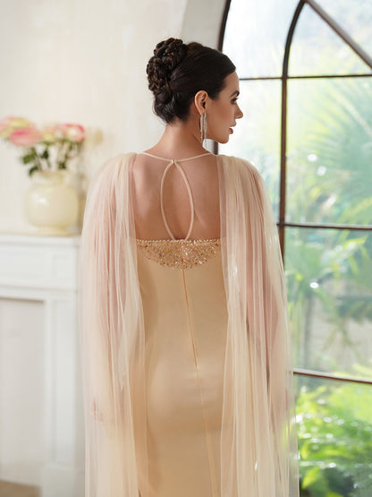 Elegantes Meerjungfrau-Abendkleid aus Polyester mit U-Ausschnitt, ärmellos, Champagner-Gold, mit Perlenstickerei, Reißverschluss, Schlitz