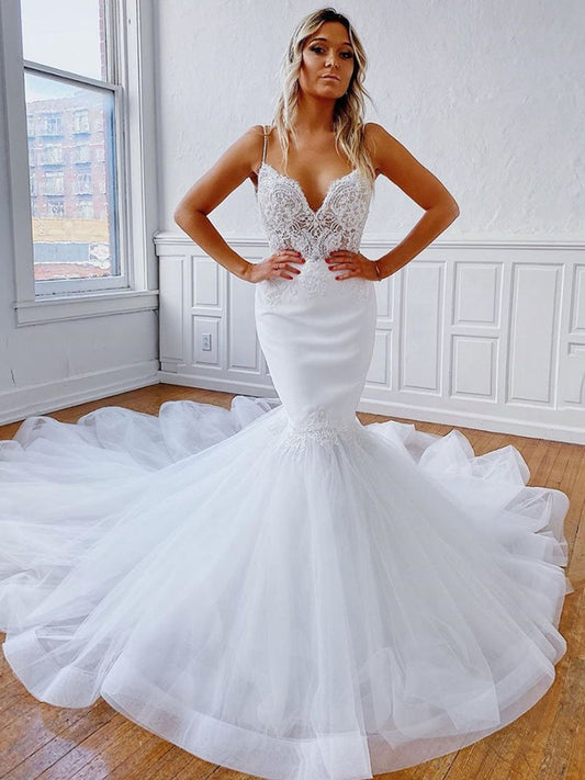 Elegante Meerjungfrau V-Ausschnitt Rückenfreie Spitze Weiß Lange Brautkleider