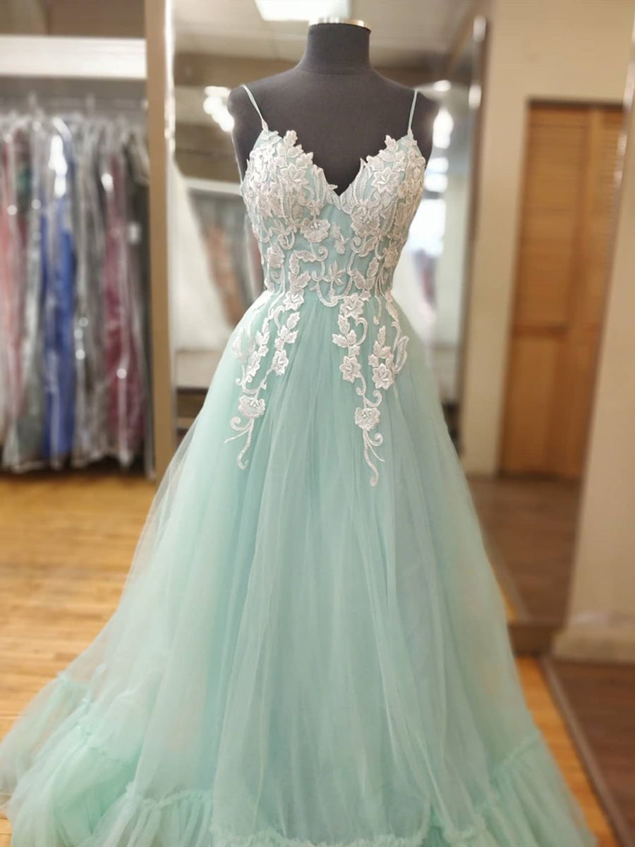 Elegante vestido de fiesta de noche formal de tul con encaje y escote en V, largo en verde menta