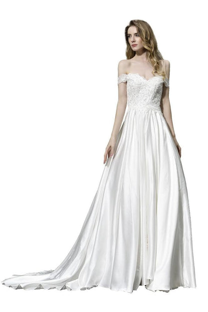 Elegant Off Shoulder Satin Floor Length Bridal Gown Sweetheart Floral Lace Aline Wedding Dress