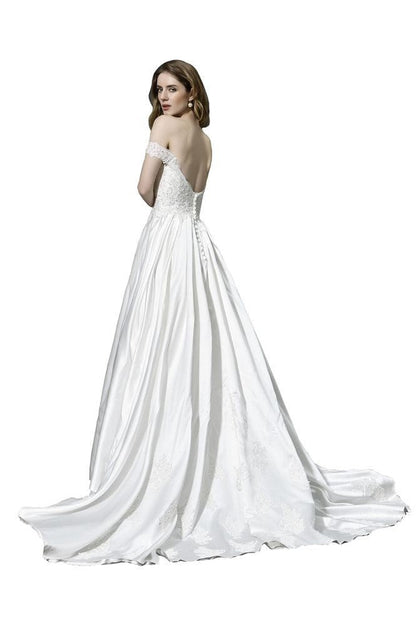 Elegant Off Shoulder Satin Floor Length Bridal Gown Sweetheart Floral Lace Aline Wedding Dress